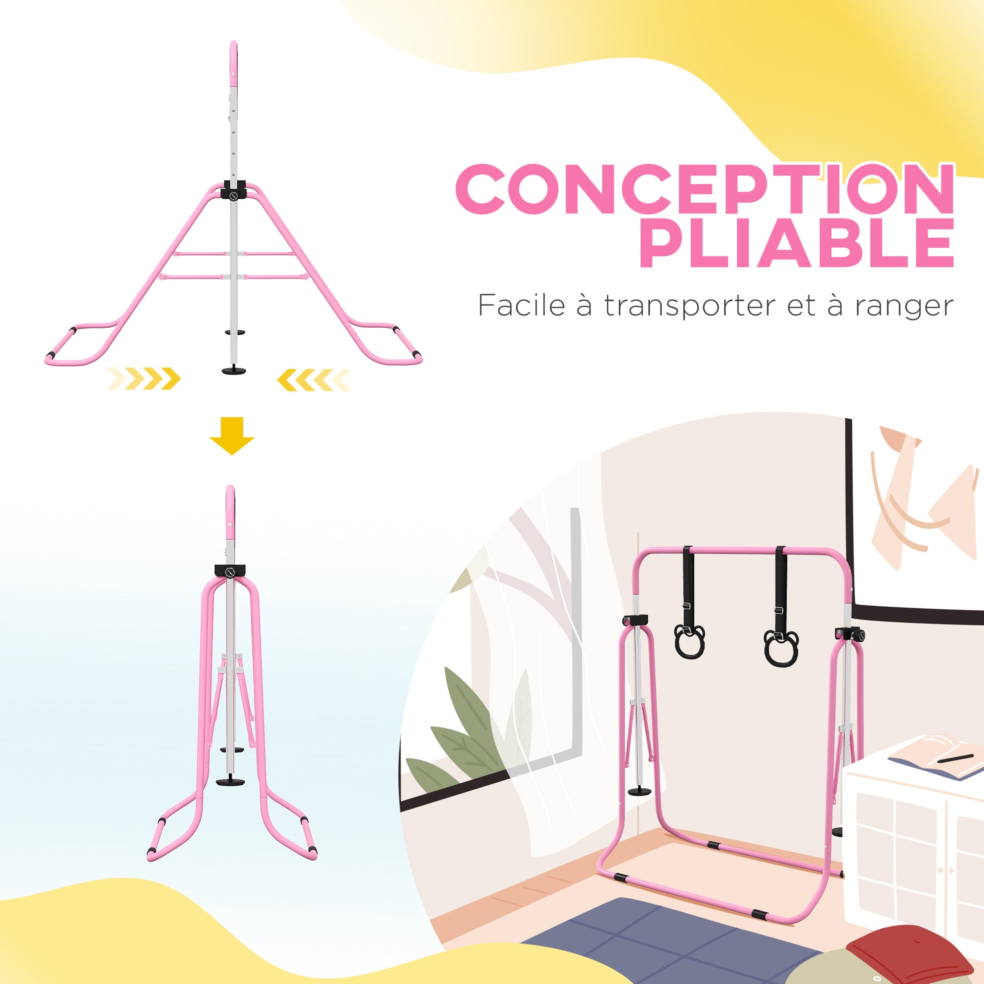 Children's Gymnastics Bar, Horizontal Bar, Adjustable Height Folding Gymnastics Equipment with Gymnastics Rings, Pink