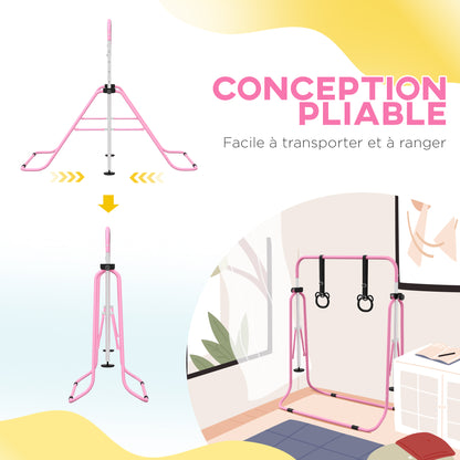 Children's Gymnastics Bar, Horizontal Bar, Adjustable Height Folding Gymnastics Equipment with Gymnastics Rings, Pink