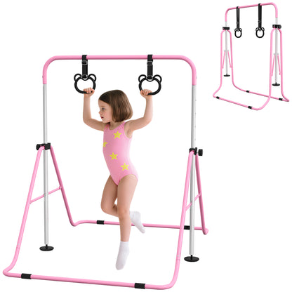Children's Gymnastics Bar, Horizontal Bar, Adjustable Height Folding Gymnastics Equipment with Gymnastics Rings, Pink