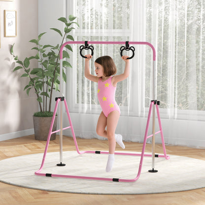 Children's Gymnastics Bar, Horizontal Bar, Adjustable Height Folding Gymnastics Equipment with Gymnastics Rings, Pink