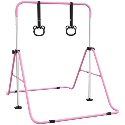 Children's Gymnastics Bar, Horizontal Bar, Adjustable Height Folding Gymnastics Equipment with Gymnastics Rings, Pink