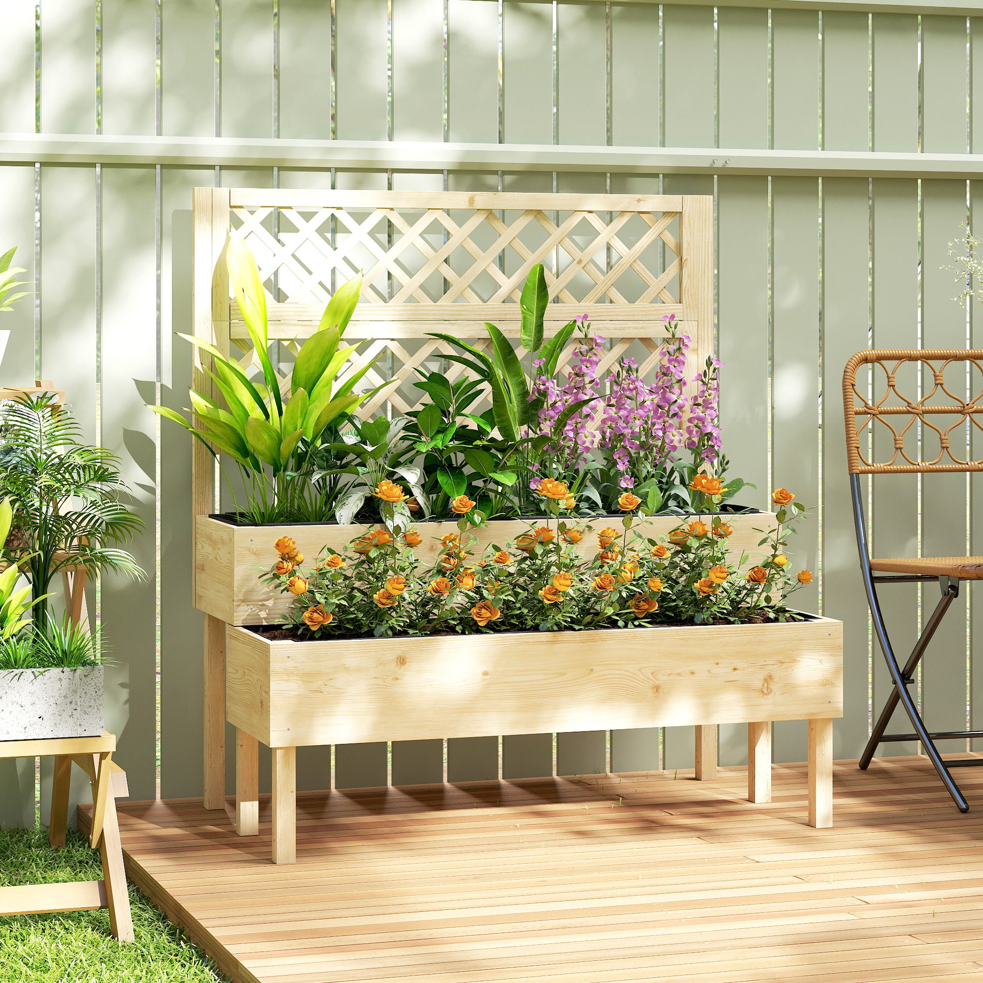 2-Tier Raised Planter with Trellis — 2 Fabric-Lined Wooden Plant Boxes for Climbing Plants, 108 x 62 x 120 cm (42.5 x 24.4 x 47.2 in)