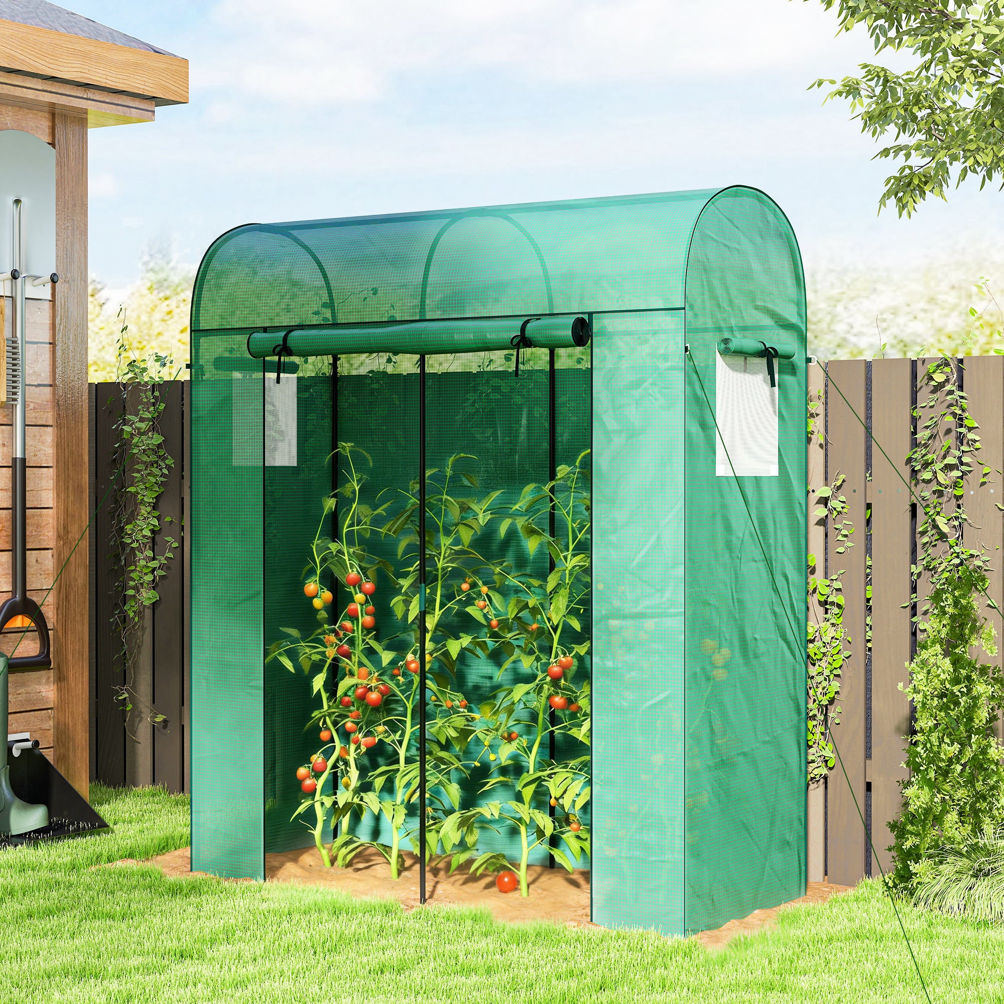 Garden Greenhouse — Small Balcony Greenhouse with PE Cover & Steel Frame, Roll-Up Door & Mesh Windows, for Vegetables & Flowers, Indoor/Outdoor — 170 x 68 x 200 cm (67 x 27 x 79 in) — Green