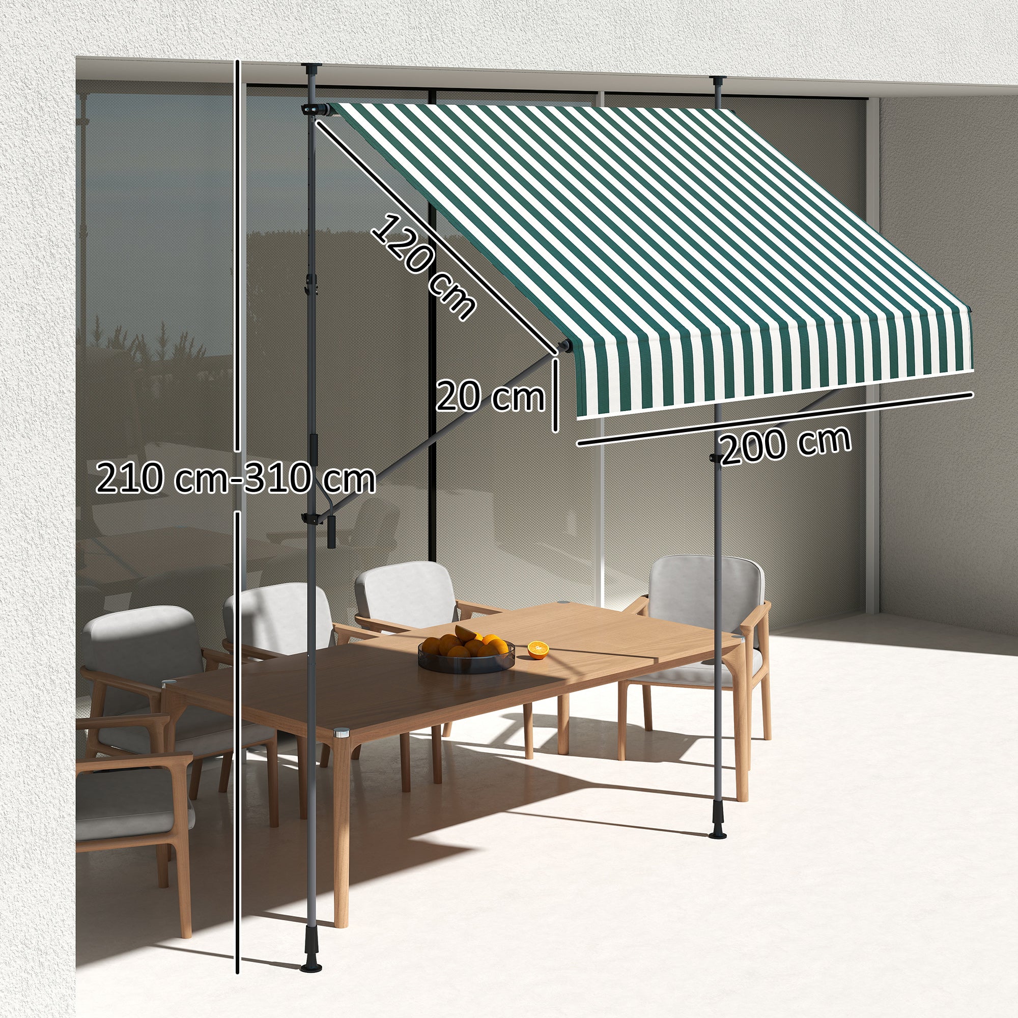 Sun Shade Awning 2x1.2 m with Retractable Arm, Outdoor Sun Canopy with Aluminum Frame and 180g/㎡ Polyester Fabric, for Garden, Balcony, and Terrace, Green and White