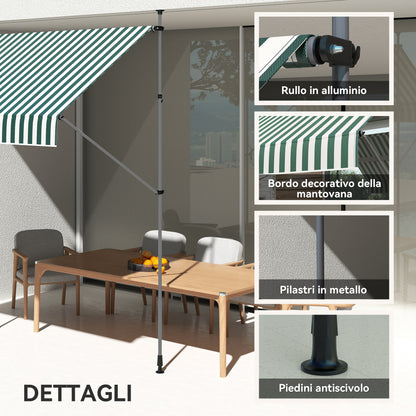 Sun Shade Awning 2x1.2 m with Retractable Arm, Outdoor Sun Canopy with Aluminum Frame and 180g/㎡ Polyester Fabric, for Garden, Balcony, and Terrace, Green and White