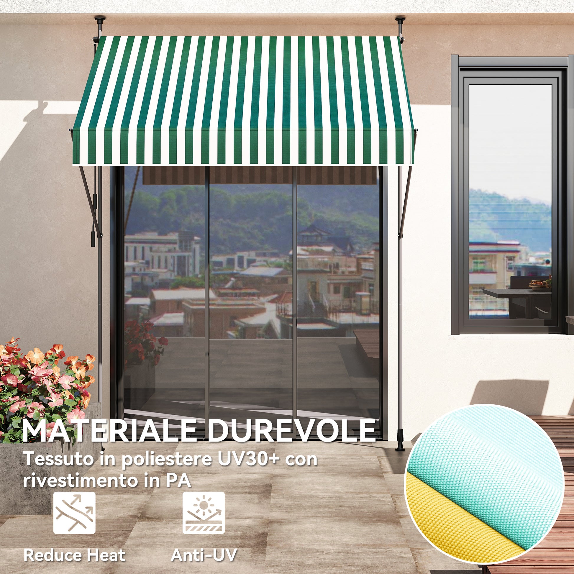 Sun Shade Awning 2x1.2 m with Retractable Arm, Outdoor Sun Canopy with Aluminum Frame and 180g/㎡ Polyester Fabric, for Garden, Balcony, and Terrace, Green and White