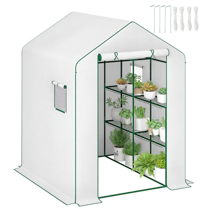 Garden Greenhouse with 3-Tier Shelves, Balcony Greenhouse, Reinforced 135 g/m² Cover, Steel Frame, Roll-Up Zipper Door, for Vegetables Plants Flowers, 140x143x190cm, White