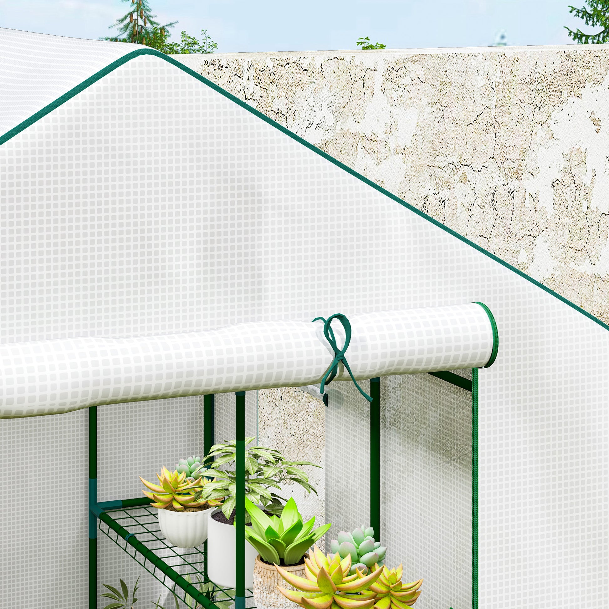 Garden Greenhouse with 3-Tier Shelves, Balcony Greenhouse, Reinforced 135 g/m² Cover, Steel Frame, Roll-Up Zipper Door, for Vegetables Plants Flowers, 140x143x190cm, White