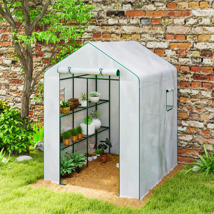 Garden Greenhouse with 3-Tier Shelves, Balcony Greenhouse, Reinforced 135 g/m² Cover, Steel Frame, Roll-Up Zipper Door, for Vegetables Plants Flowers, 140x143x190cm, White