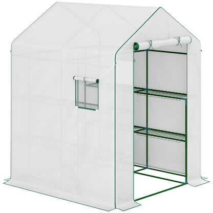 Garden Greenhouse with 3-Tier Shelves, Balcony Greenhouse, Reinforced 135 g/m² Cover, Steel Frame, Roll-Up Zipper Door, for Vegetables Plants Flowers, 140x143x190cm, White