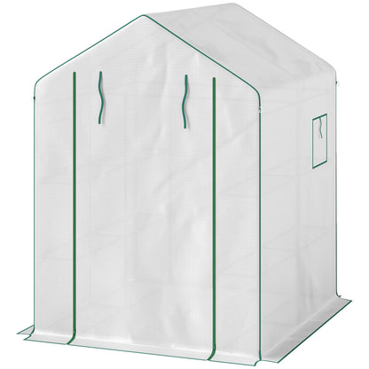 Garden Greenhouse with 3-Tier Shelves, Balcony Greenhouse, Reinforced 135 g/m² Cover, Steel Frame, Roll-Up Zipper Door, for Vegetables Plants Flowers, 140x143x190cm, White