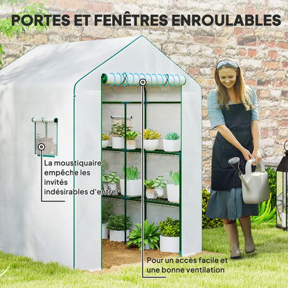 Garden Greenhouse with 3-Tier Shelves, Balcony Greenhouse, Reinforced 135 g/m² Cover, Steel Frame, Roll-Up Zipper Door, for Vegetables Plants Flowers, 140x143x190cm, White