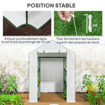 Garden Greenhouse with 3-Tier Shelves, Balcony Greenhouse, Reinforced 135 g/m² Cover, Steel Frame, Roll-Up Zipper Door, for Vegetables Plants Flowers, 140x143x190cm, White
