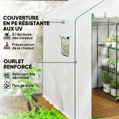Garden Greenhouse with 3-Tier Shelves, Balcony Greenhouse, Reinforced 135 g/m² Cover, Steel Frame, Roll-Up Zipper Door, for Vegetables Plants Flowers, 140x143x190cm, White