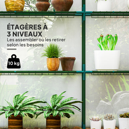 Garden Greenhouse with 3-Tier Shelves, Balcony Greenhouse, Reinforced 135 g/m² Cover, Steel Frame, Roll-Up Zipper Door, for Vegetables Plants Flowers, 140x143x190cm, White