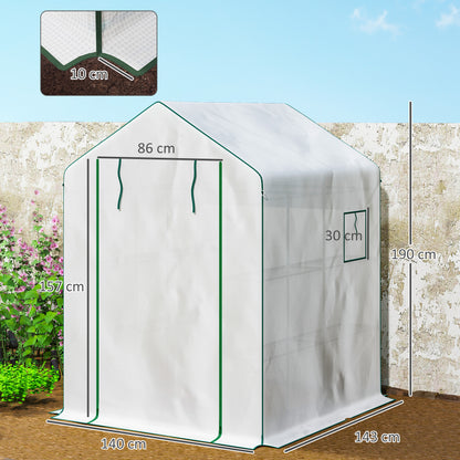 Garden Greenhouse with 3-Tier Shelves, Balcony Greenhouse, Reinforced 135 g/m² Cover, Steel Frame, Roll-Up Zipper Door, for Vegetables Plants Flowers, 140x143x190cm, White