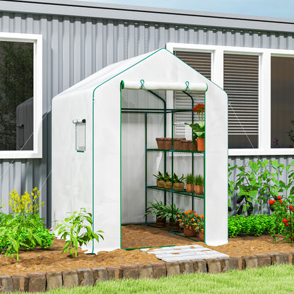 Garden Greenhouse with 3-Tier Shelves, Balcony Greenhouse, Reinforced 135 g/m² Cover, Steel Frame, Roll-Up Zipper Door, for Vegetables Plants Flowers, 140x143x190cm, White