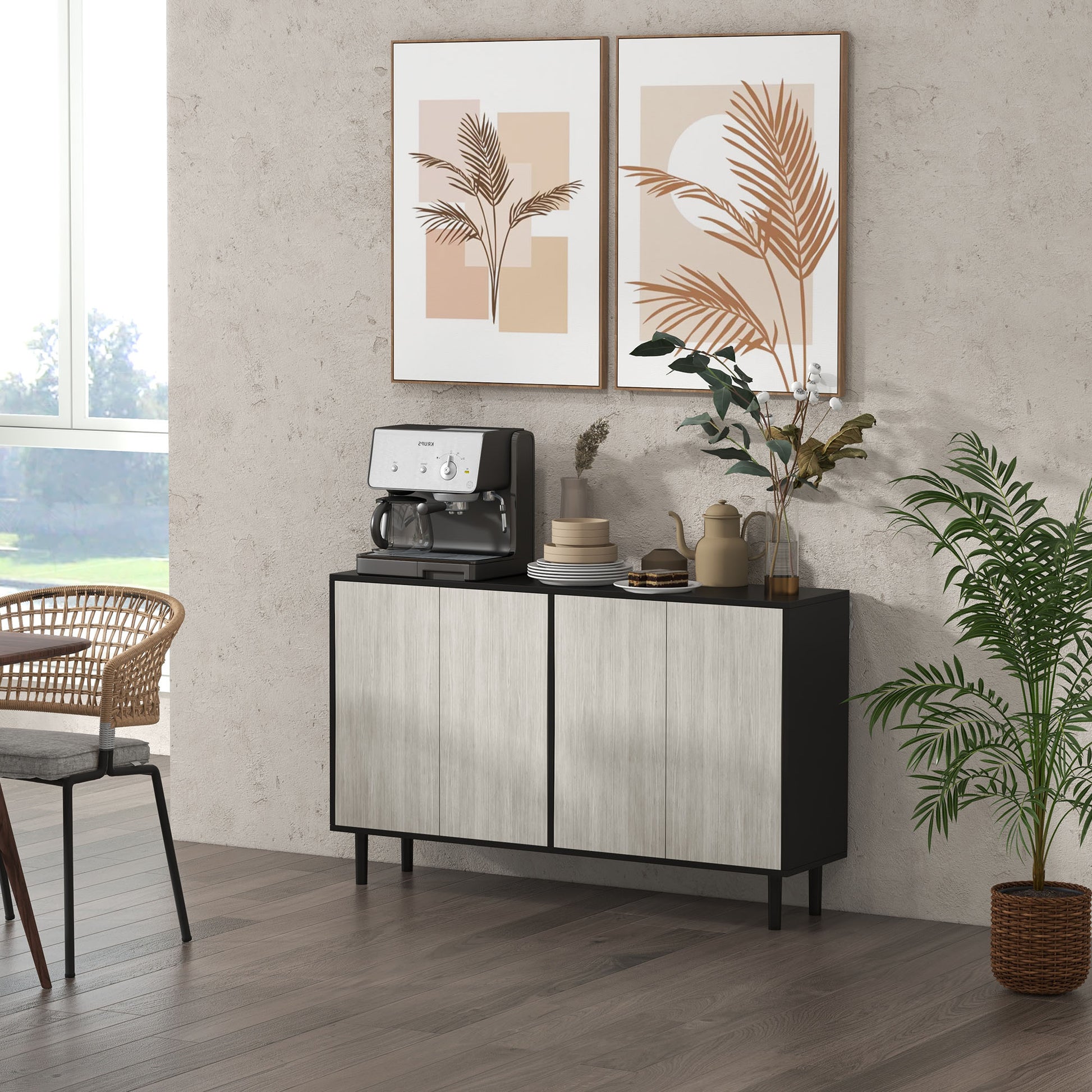Kitchen Buffet Storage Cabinet 2 Cabinets with Adjustable Shelves, 121 x 37 x 75 cm, Black and Gray Wood Look