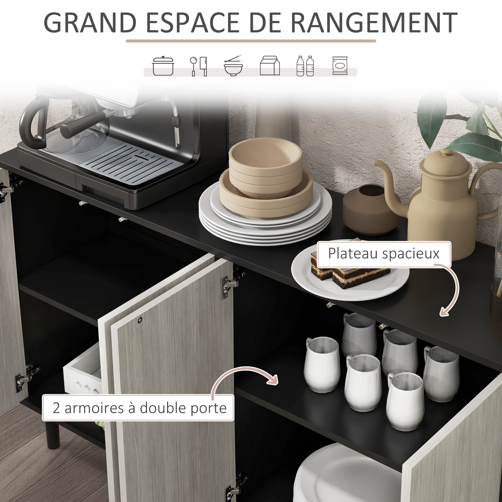 Kitchen Buffet Storage Cabinet 2 Cabinets with Adjustable Shelves, 121 x 37 x 75 cm, Black and Gray Wood Look