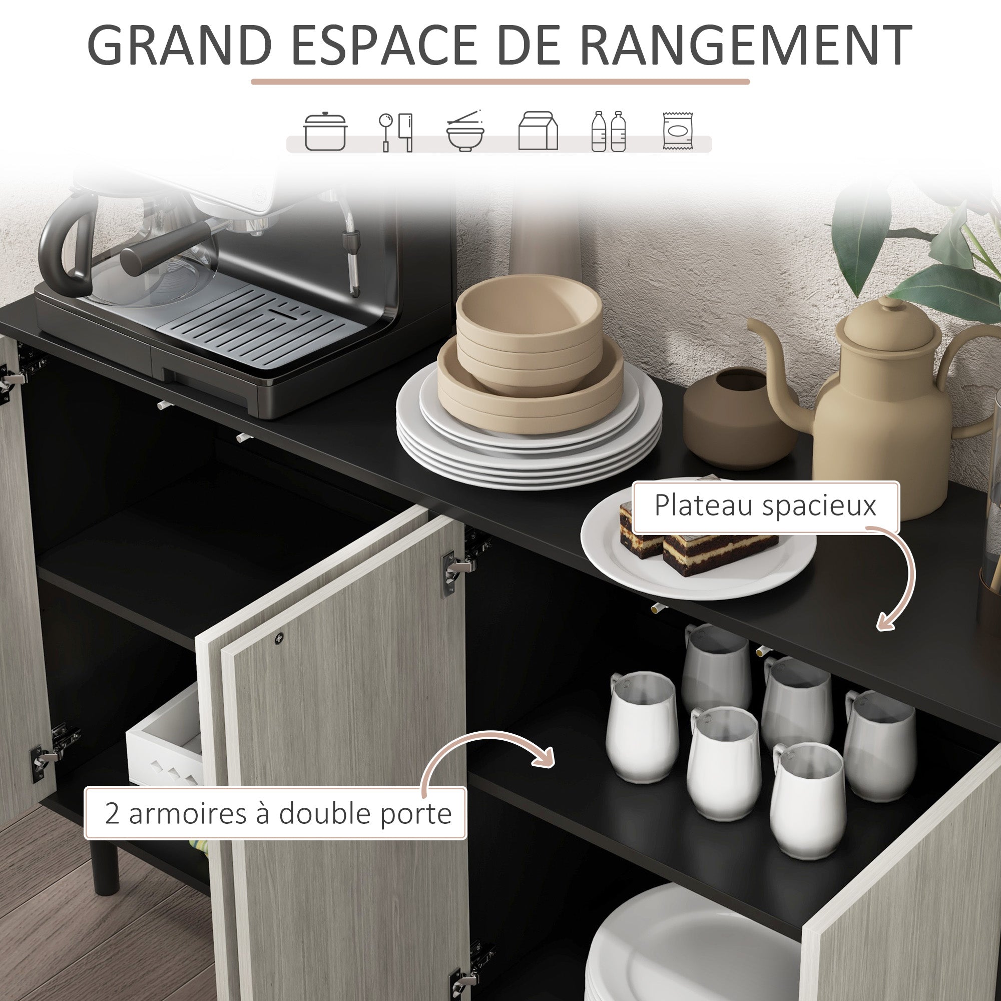 Kitchen Buffet Storage Cabinet 2 Cabinets with Adjustable Shelves, 121 x 37 x 75 cm, Black and Gray Wood Look