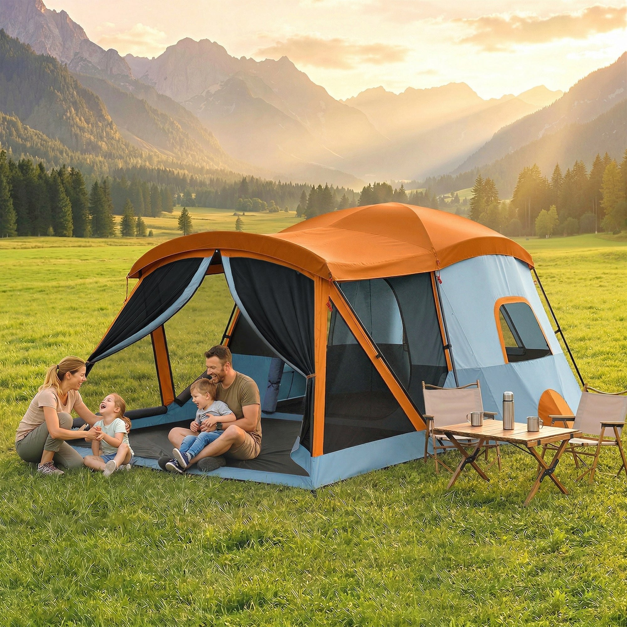 4-Person Tunnel Family Tent with Separate Sleeping & Living Areas, Skylights, PE Groundsheet, 3000 mm Waterproof – Orange/Blue