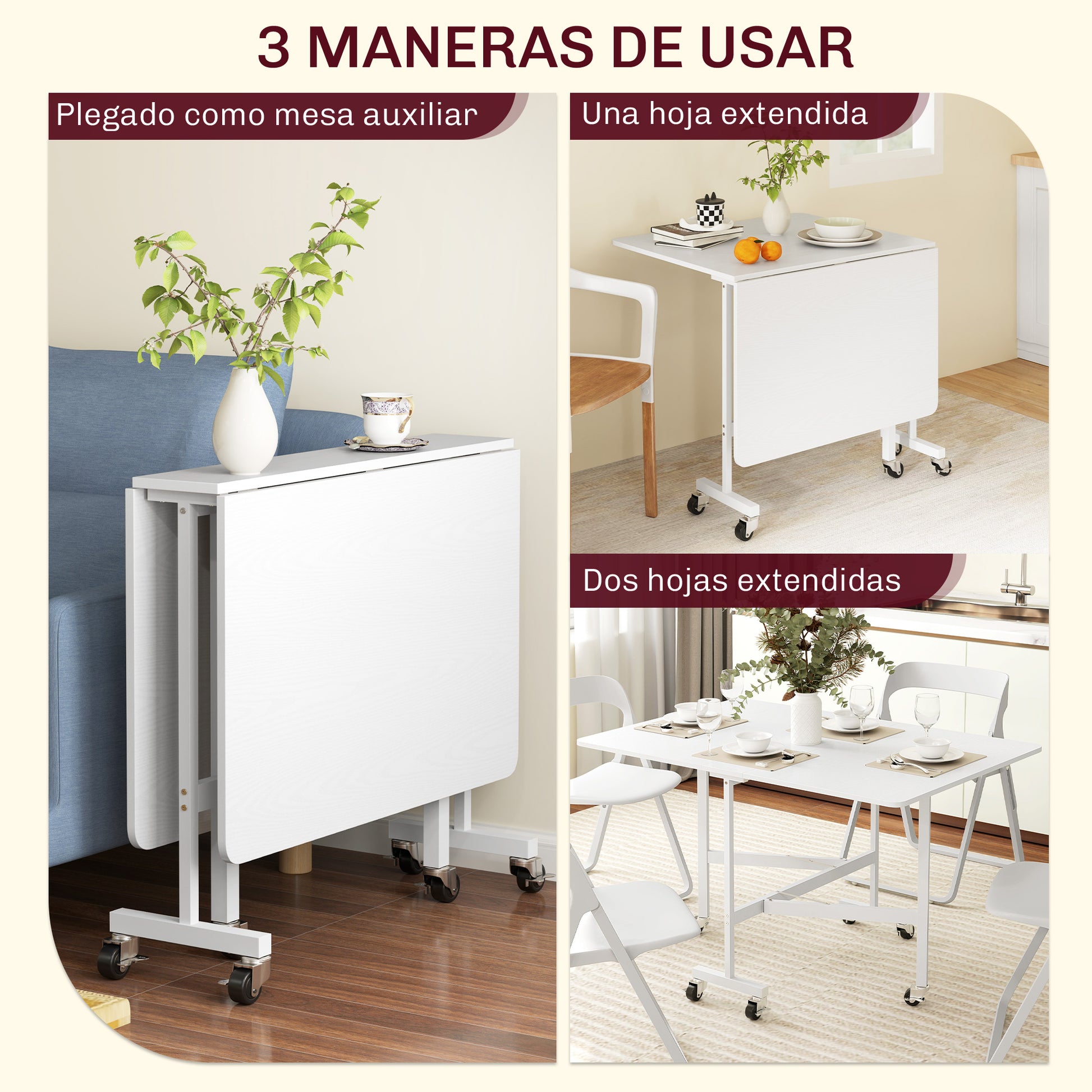 Folding Dining Table for 4-6 People Foldable Kitchen Table with Wheels and Folding Wings Folding Table for Kitchen Living Room 120x80x73 cm White