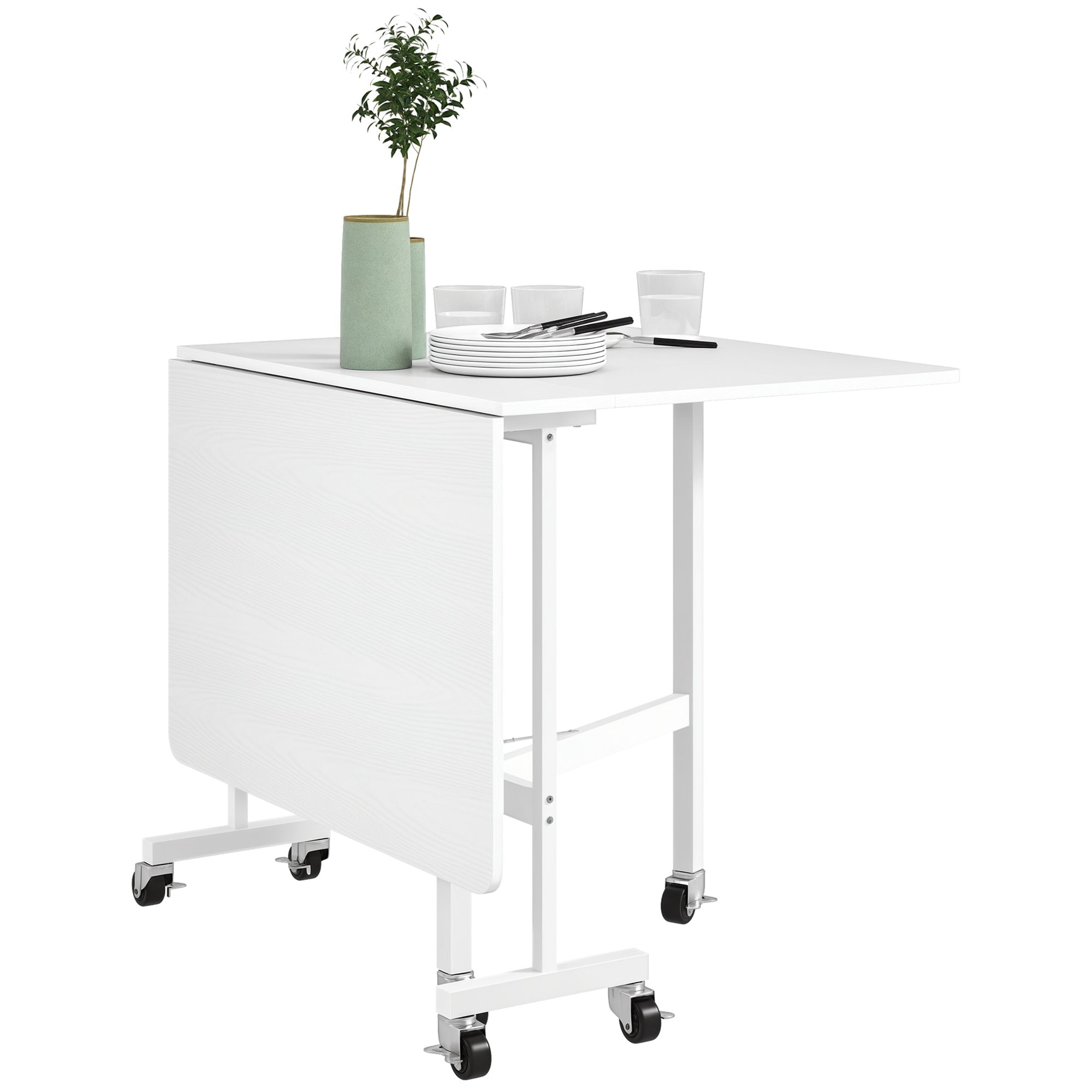 Folding Dining Table for 4-6 People Foldable Kitchen Table with Wheels and Folding Wings Folding Table for Kitchen Living Room 120x80x73 cm White