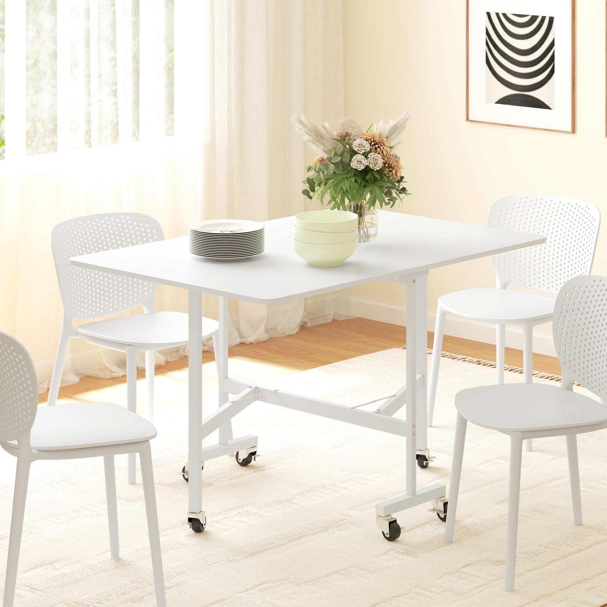Folding Dining Table for 4-6 People Foldable Kitchen Table with Wheels and Folding Wings Folding Table for Kitchen Living Room 120x80x73 cm White