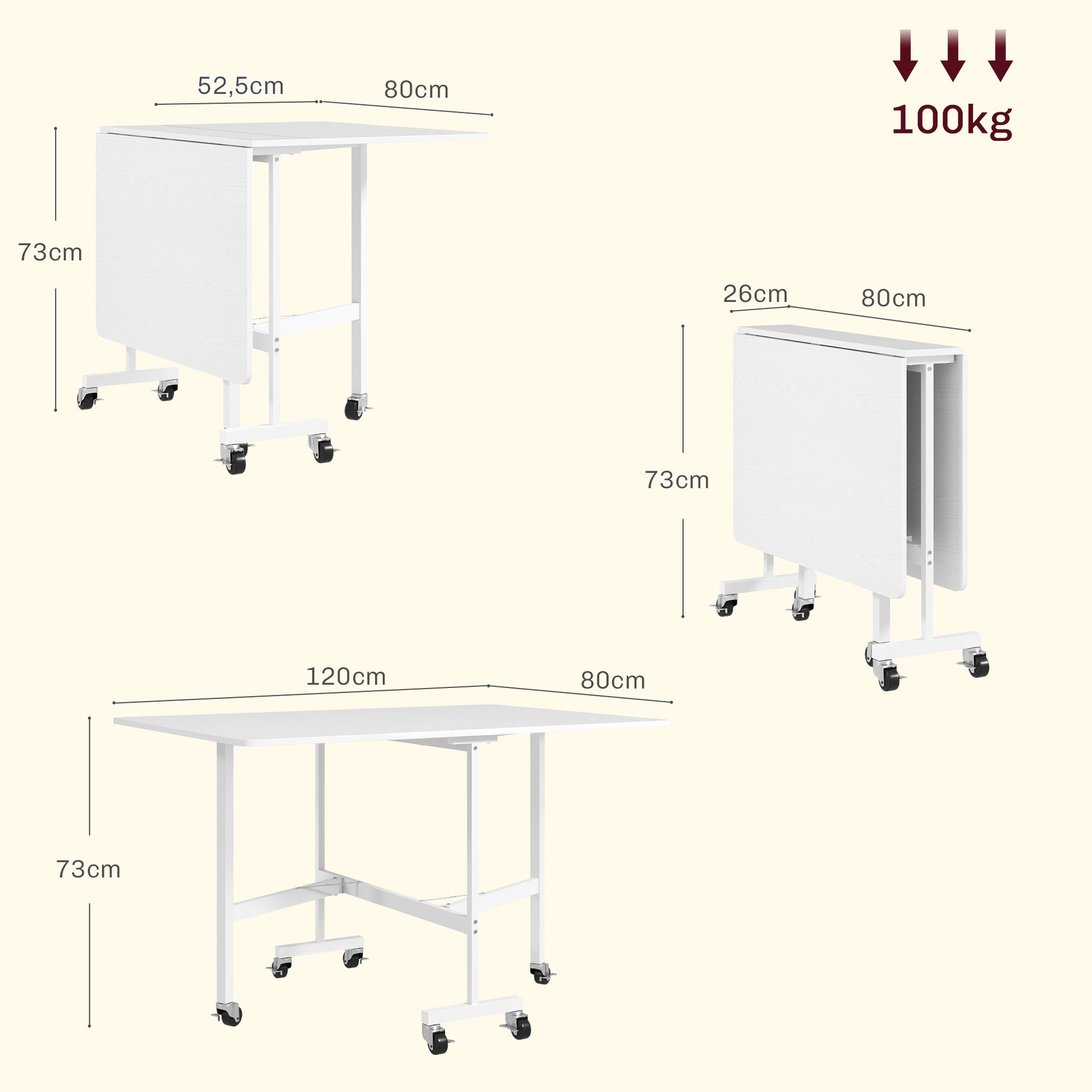 Folding Dining Table for 4-6 People Foldable Kitchen Table with Wheels and Folding Wings Folding Table for Kitchen Living Room 120x80x73 cm White