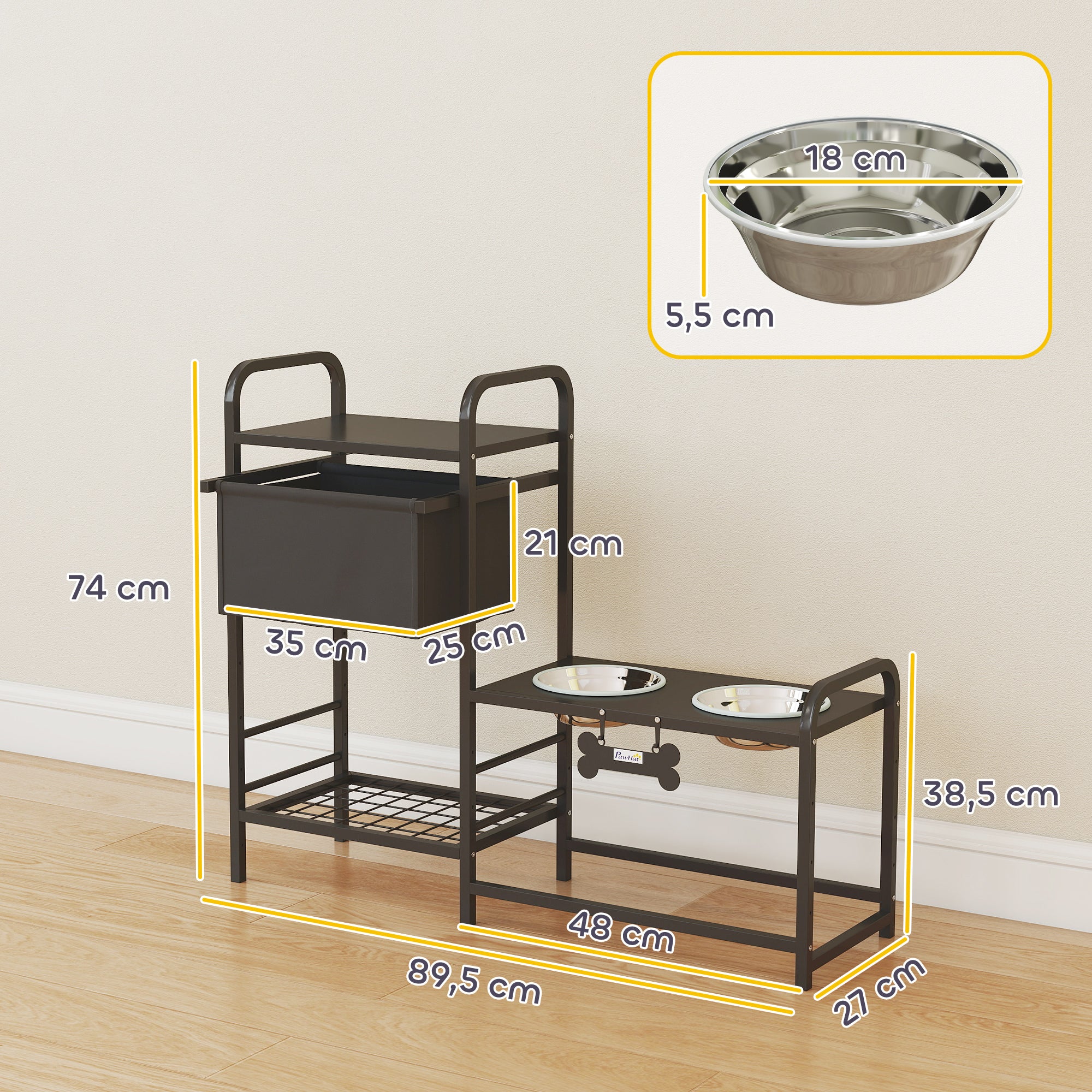 Adjustable Elevated Dog Bowl with Storage — 2 x 800 ml Stainless Bowls, 2-Tier Shelving, Adjustable Height, Black