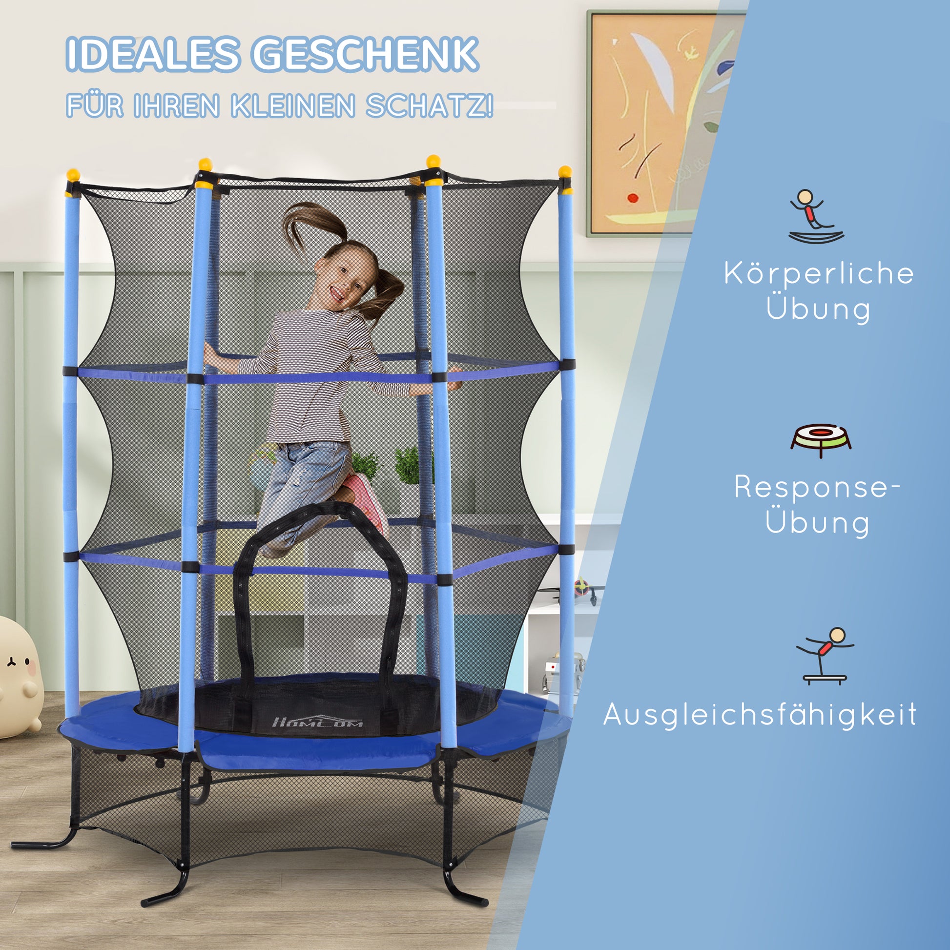 Children's Trampoline Ø163 cm, Trampoline with Safety Net, Edge Cover, Garden Trampoline for Children 3-10 Years, up to 50 kg Load Capacity, Blue