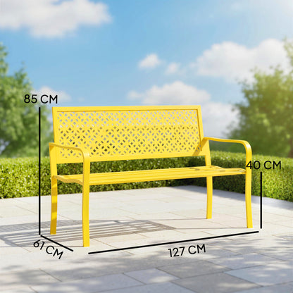 2-Seater Metal Garden Bench — Weatherproof Outdoor Seat with Rust-Resistant Slatted Back, Geometric Design, 127 x 61 x 85 cm (50 x 24 x 33.5 in), Yellow