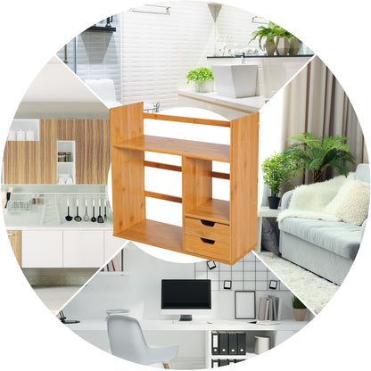 Desk Organizer with Drawers Multifunctional Bookshelf Storage Shelf for Home School Office in Natural Bamboo