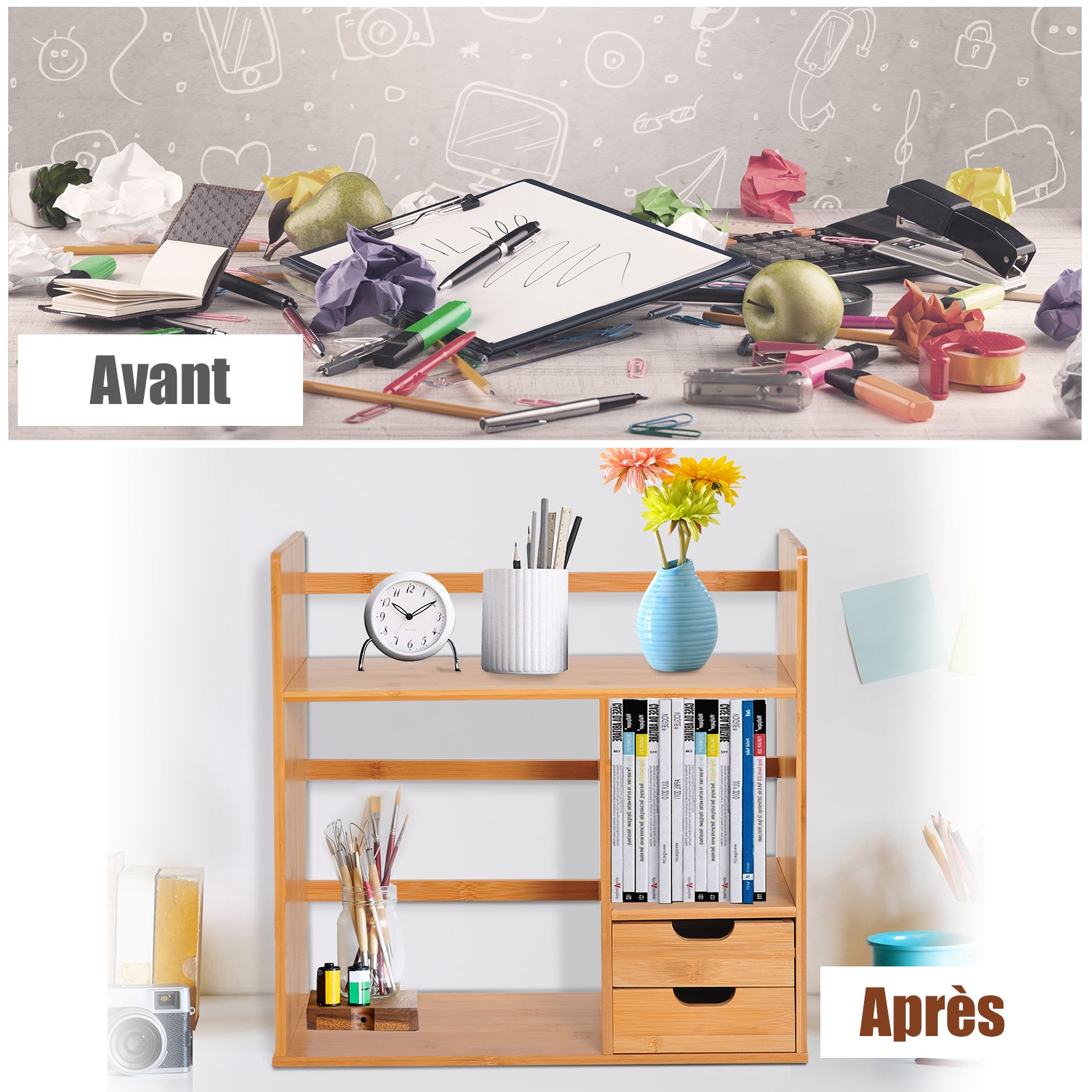 Desk Organizer with Drawers Multifunctional Bookshelf Storage Shelf for Home School Office in Natural Bamboo