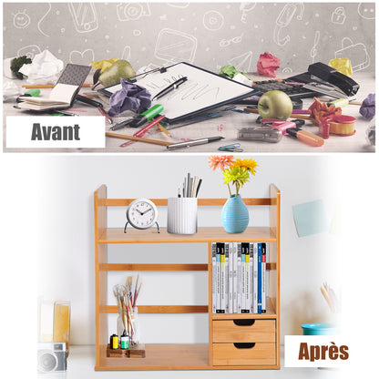 Desk Organizer with Drawers Multifunctional Bookshelf Storage Shelf for Home School Office in Natural Bamboo