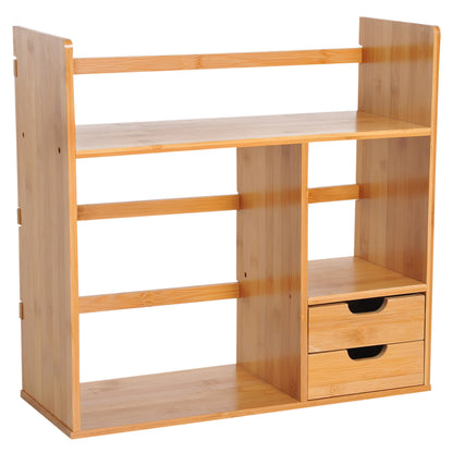 Desk Organizer with Drawers Multifunctional Bookshelf Storage Shelf for Home School Office in Natural Bamboo