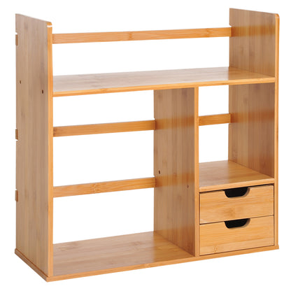 Desk Organizer with Drawers Multifunctional Bookshelf Storage Shelf for Home School Office in Natural Bamboo