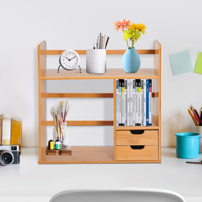 Desk Organizer with Drawers Multifunctional Bookshelf Storage Shelf for Home School Office in Natural Bamboo