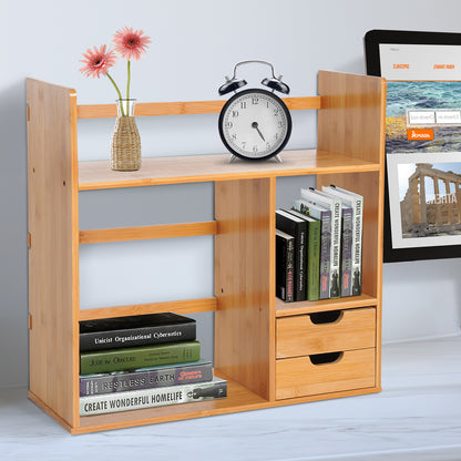 Desk Organizer with Drawers Multifunctional Bookshelf Storage Shelf for Home School Office in Natural Bamboo