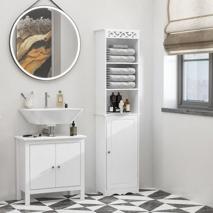 Bathroom Tower Cabinet 3 Adjustable Shelves on 3 Levels and 1 Large Lower Cabinet Knobs on Door MDF White 40x23x160cm