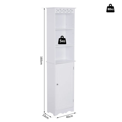 Bathroom Tower Cabinet 3 Adjustable Shelves on 3 Levels and 1 Large Lower Cabinet Knobs on Door MDF White 40x23x160cm