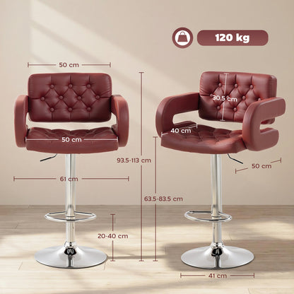 Adjustable PU Bar Stool with Backrest, Armrests & Footrest — Burgundy