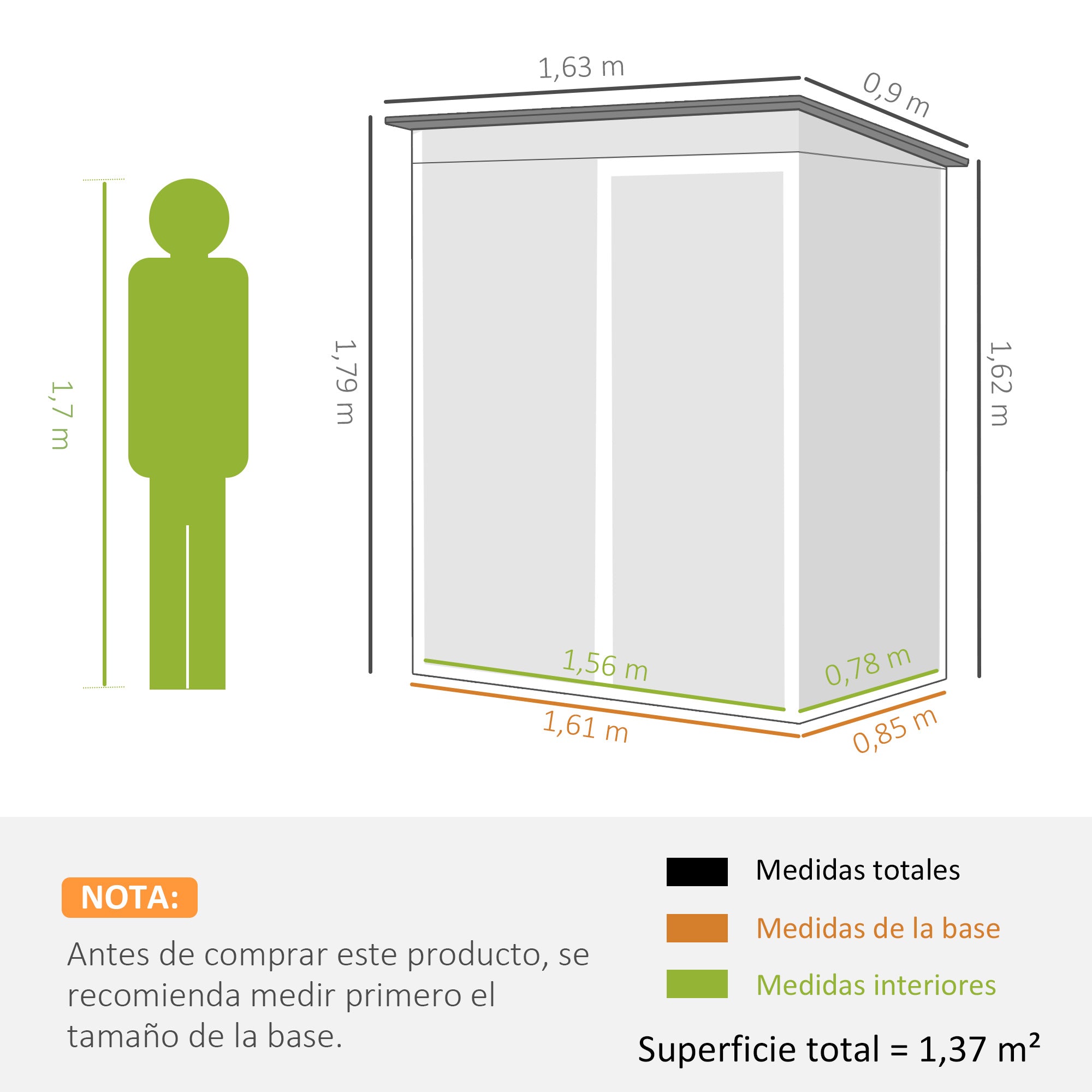 Outdoor Metal Garden Shed 1.37 m², 163 x 90 x 179 cm (64.2 in x 35.4 in x 70.5 in) – Lockable Door, Ventilation Slots, Tool Storage, Dark Gray