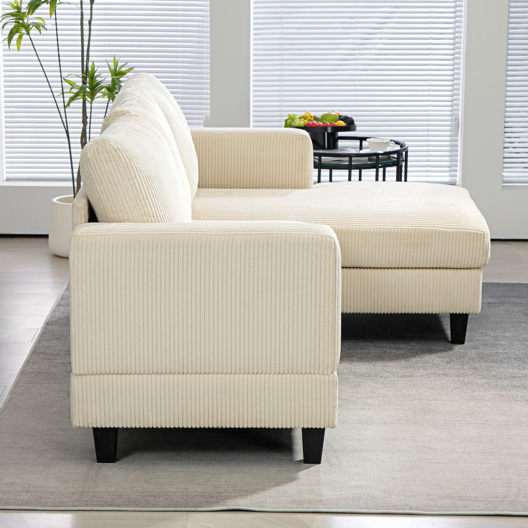 Ribbed Velvet Corner Sofa 3 Seater with Chaise Longue and Thick Spring Cushion, Width 214 cm, Modern Design, Holds up to 400 Kg, for Living Room, Apartment, Beige