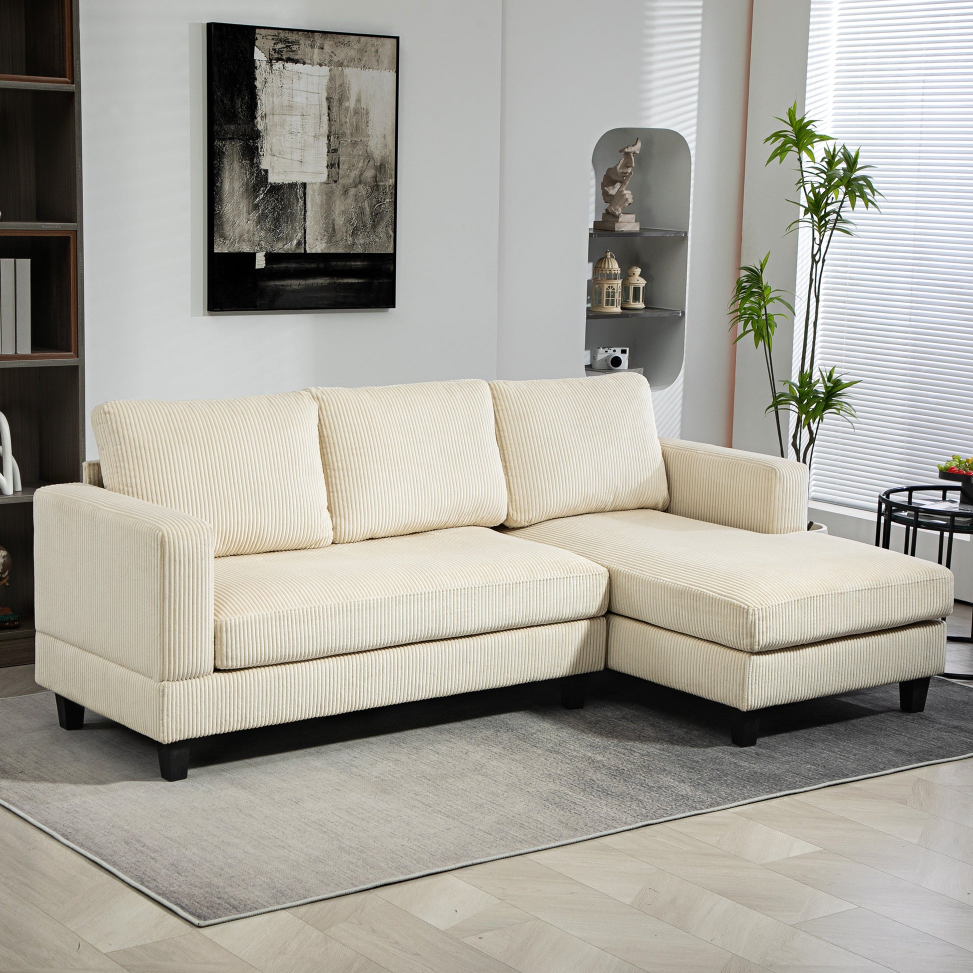 Ribbed Velvet Corner Sofa 3 Seater with Chaise Longue and Thick Spring Cushion, Width 214 cm, Modern Design, Holds up to 400 Kg, for Living Room, Apartment, Beige