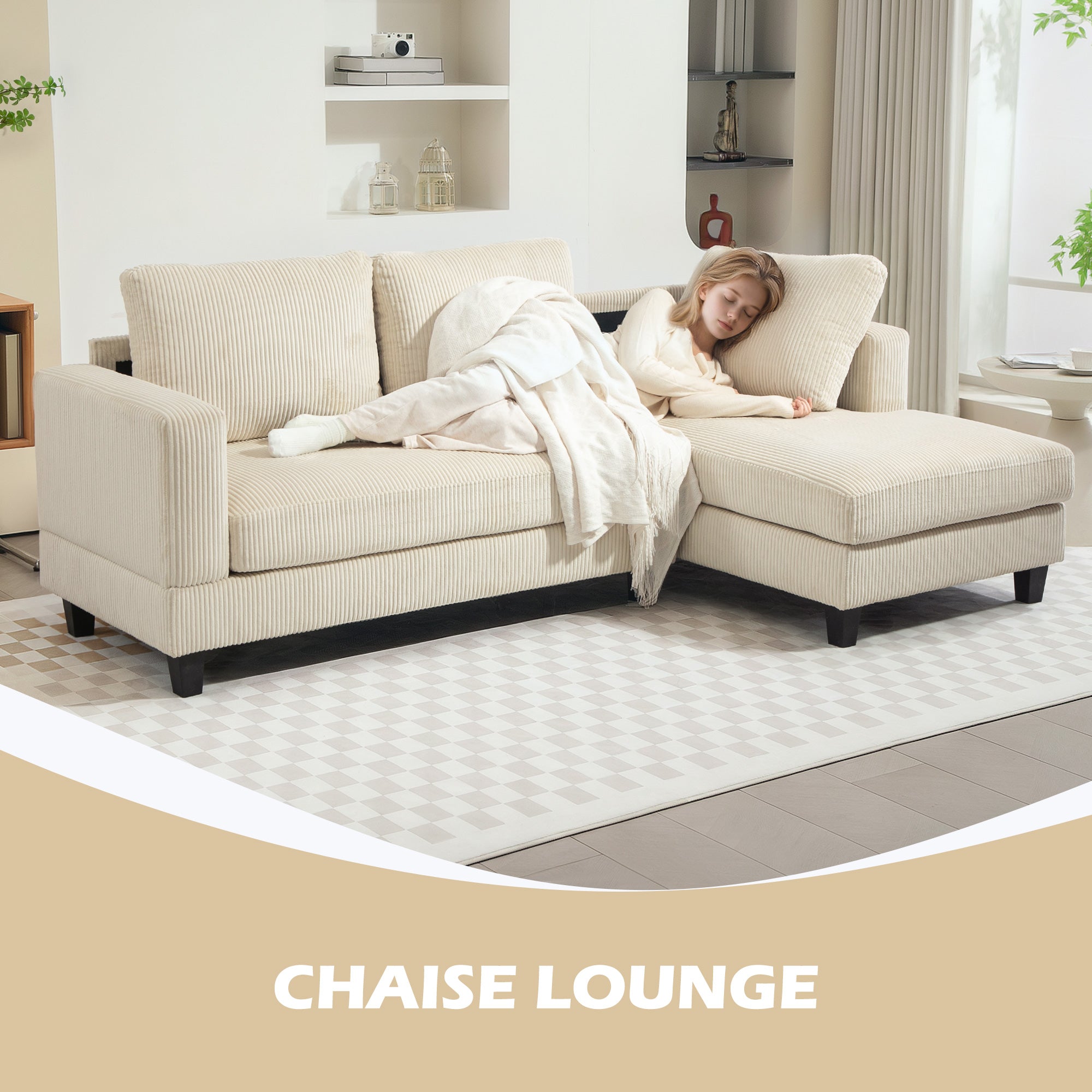 Ribbed Velvet Corner Sofa 3 Seater with Chaise Longue and Thick Spring Cushion, Width 214 cm, Modern Design, Holds up to 400 Kg, for Living Room, Apartment, Beige