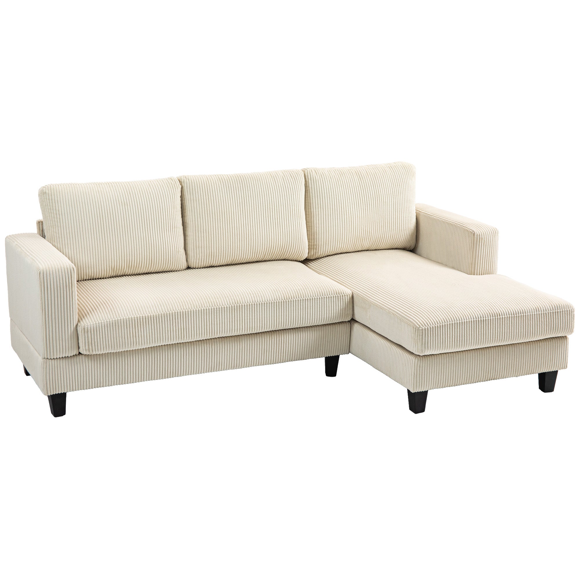 Ribbed Velvet Corner Sofa 3 Seater with Chaise Longue and Thick Spring Cushion, Width 214 cm, Modern Design, Holds up to 400 Kg, for Living Room, Apartment, Beige