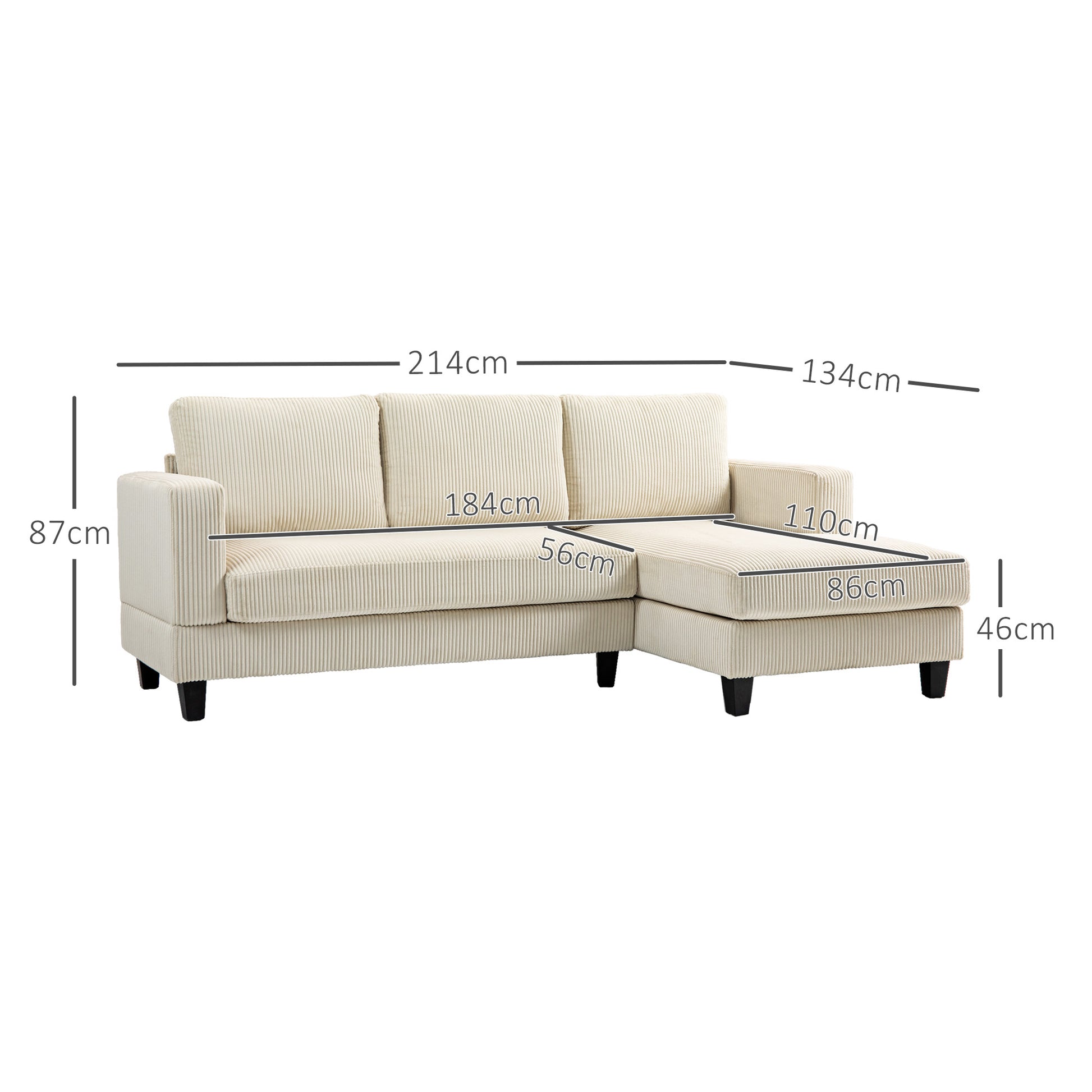 Ribbed Velvet Corner Sofa 3 Seater with Chaise Longue and Thick Spring Cushion, Width 214 cm, Modern Design, Holds up to 400 Kg, for Living Room, Apartment, Beige