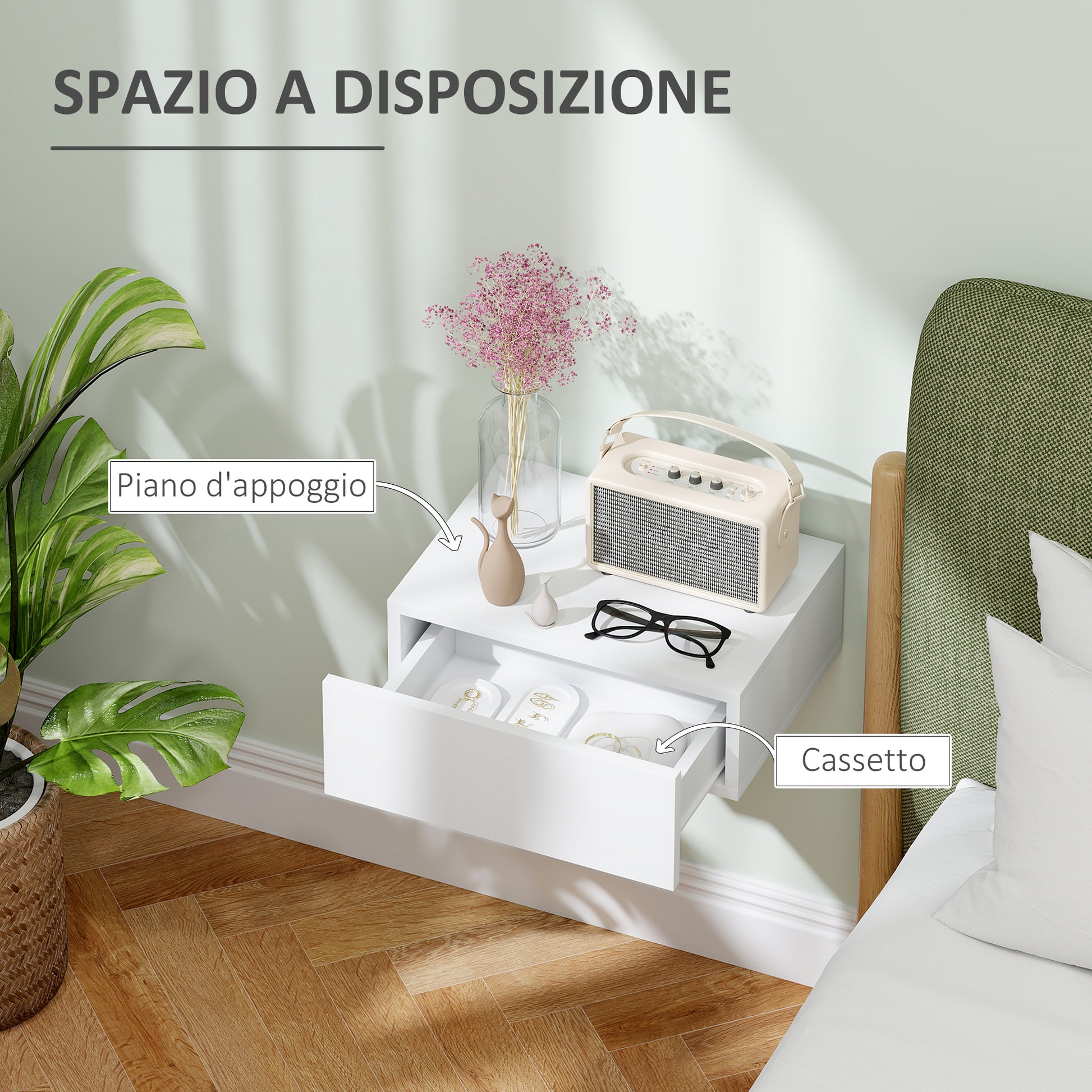 Suspended Bedside Table with Drawer, Bedroom Bedside Table in Chipboard, Modern Style, 40x30x15 cm, White