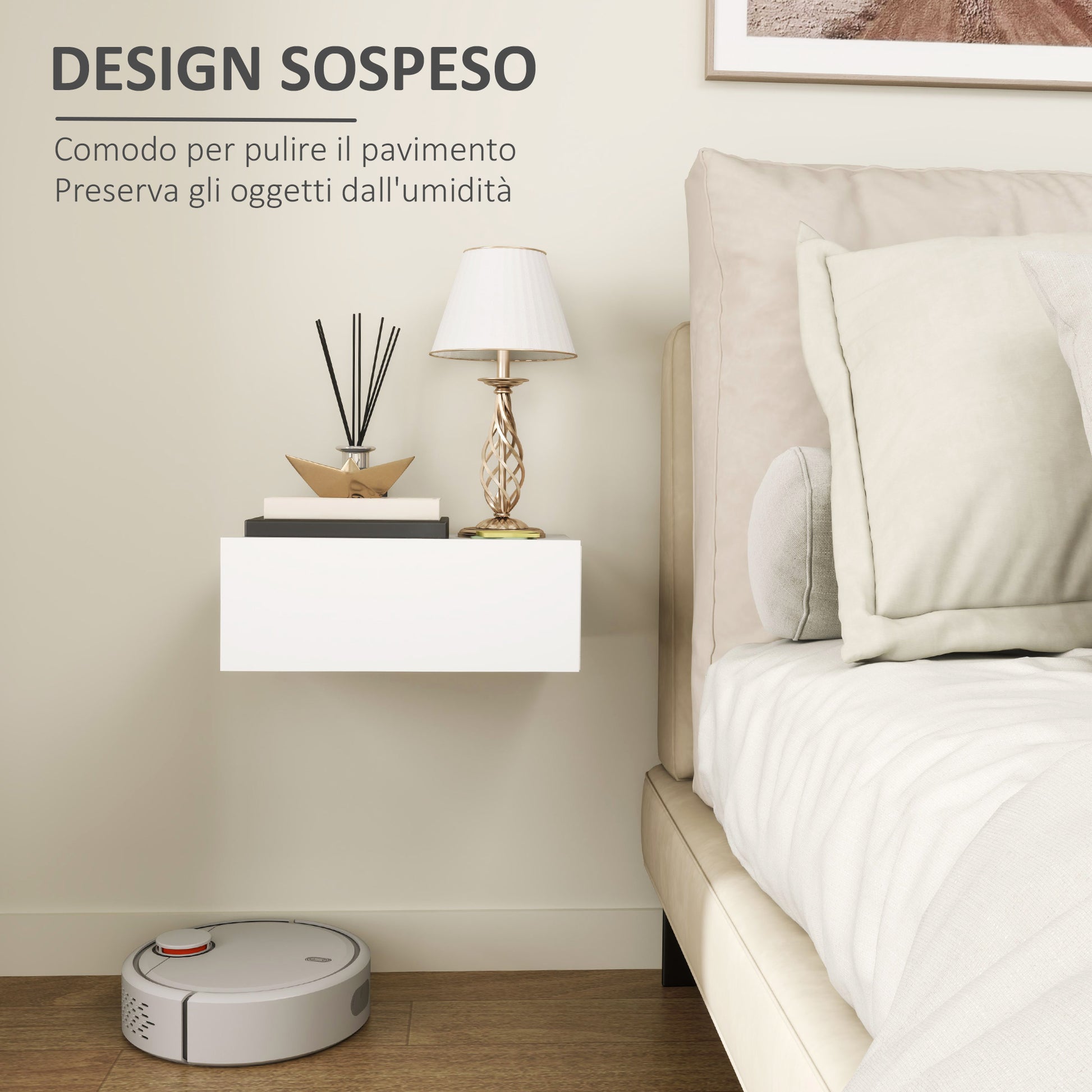 Suspended Bedside Table with Drawer, Bedroom Bedside Table in Chipboard, Modern Style, 40x30x15 cm, White